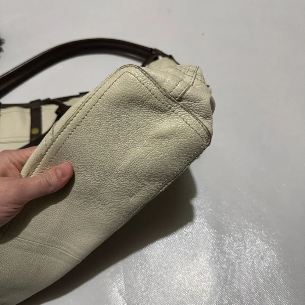 Lucky Brand‎ Cream Brown Leather Large Slouch Shoulder Bag Tote Western Boho